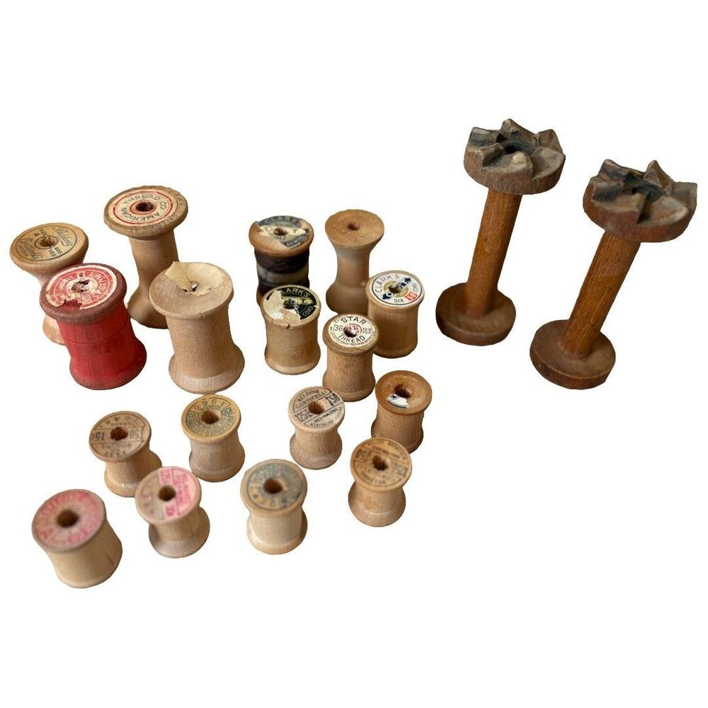 Vintage Wood Textile Mill Spools Set of 2 and 17 Empty Wooden Spools Lot of 19
